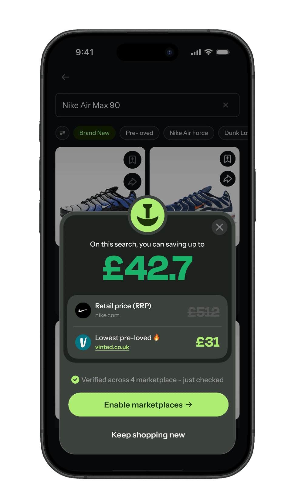 The Dig app showing a price comparison