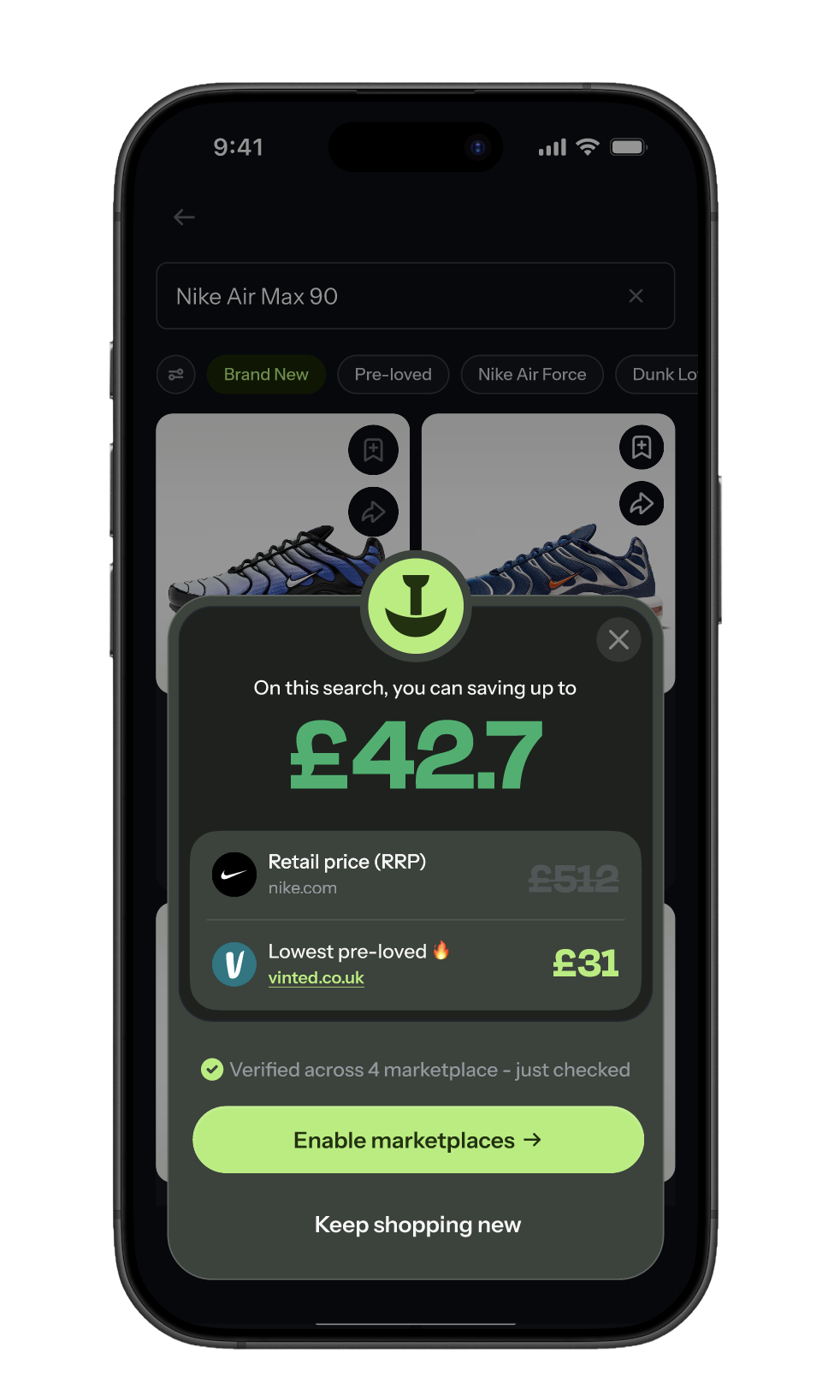 The Dig app showing a product search with live savings across marketplaces